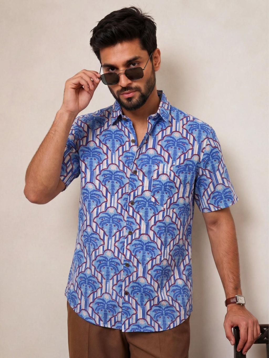 Royal Blue Blossom – Printed Cotton Half Sleeve Shirt - Jaipuri Crown