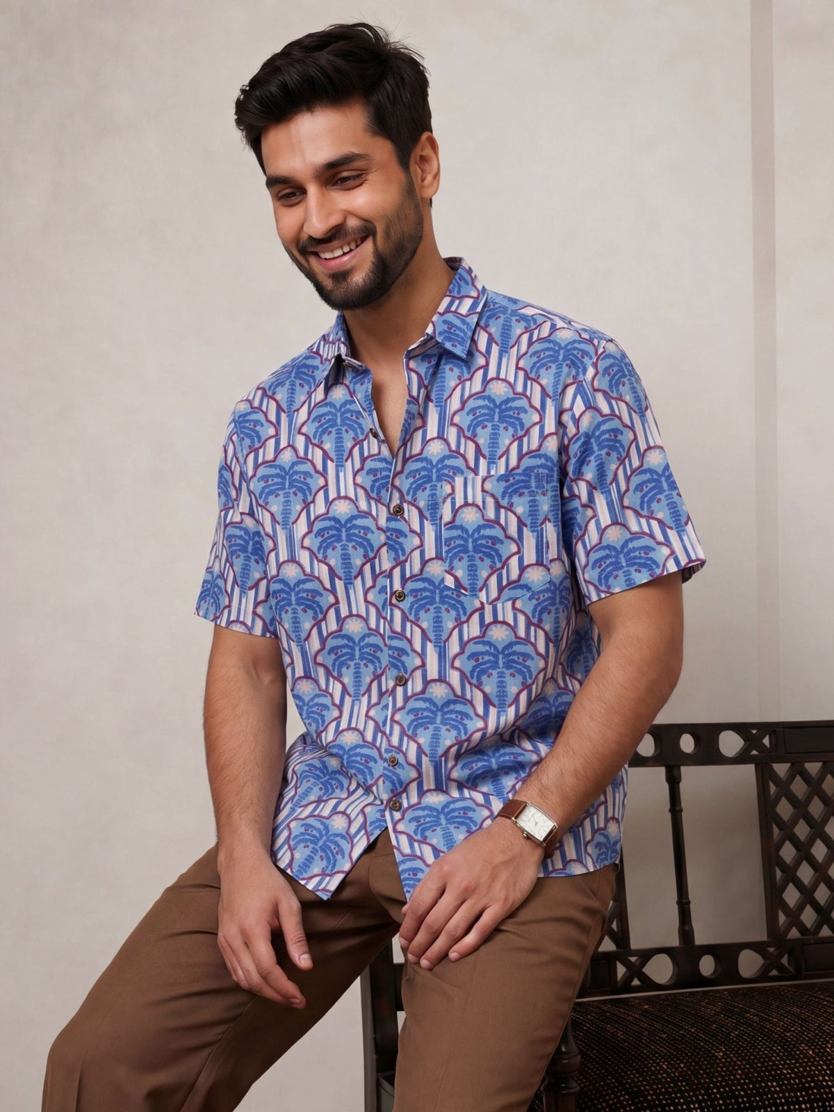 Royal Blue Blossom – Printed Cotton Half Sleeve Shirt - Jaipuri Crown