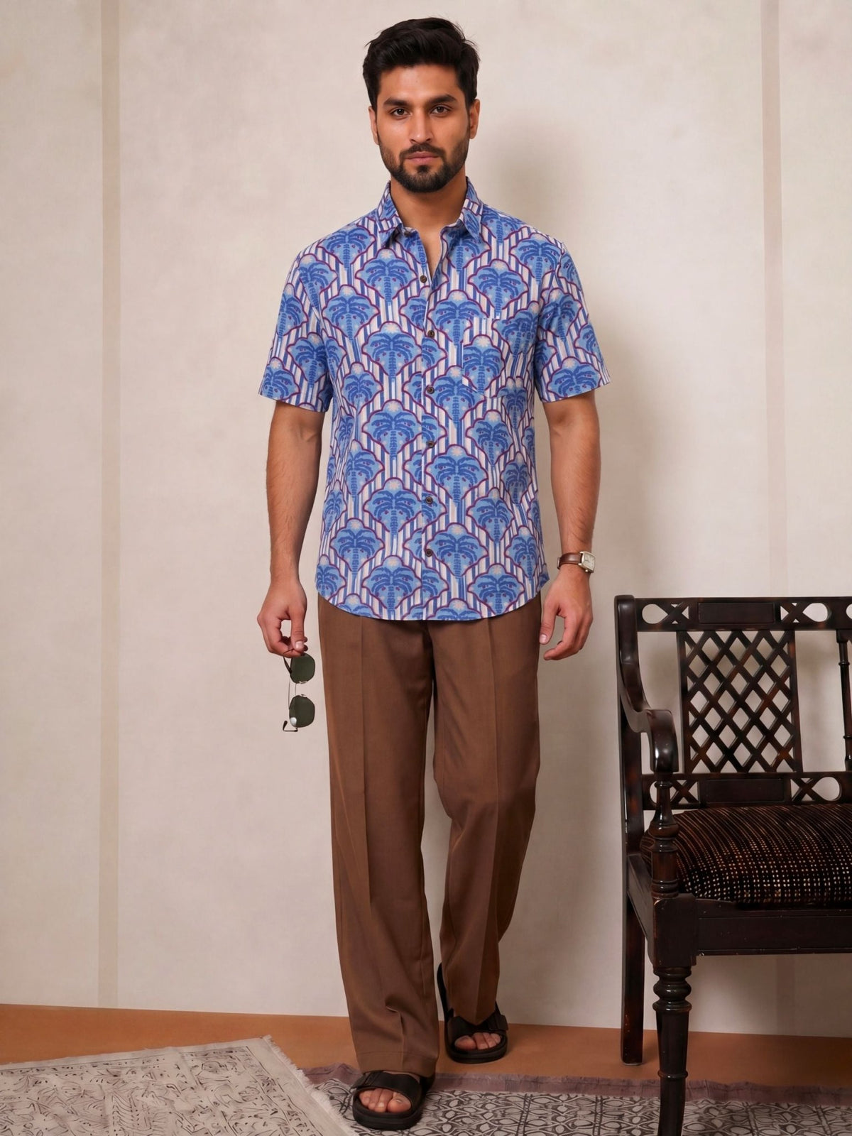 Royal Blue Blossom – Printed Cotton Half Sleeve Shirt - Jaipuri Crown