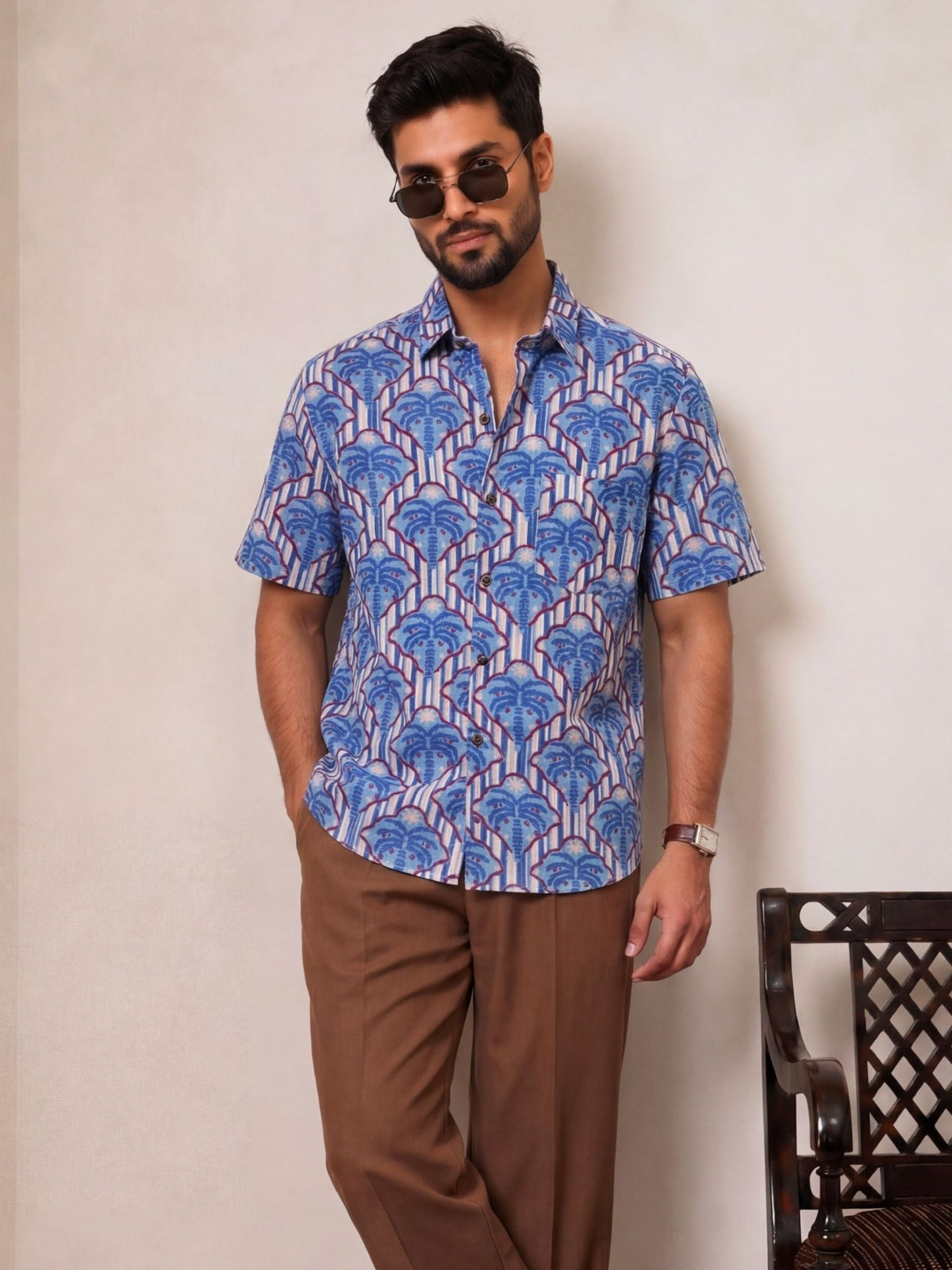Royal Blue Blossom – Printed Cotton Half Sleeve Shirt - Jaipuri Crown