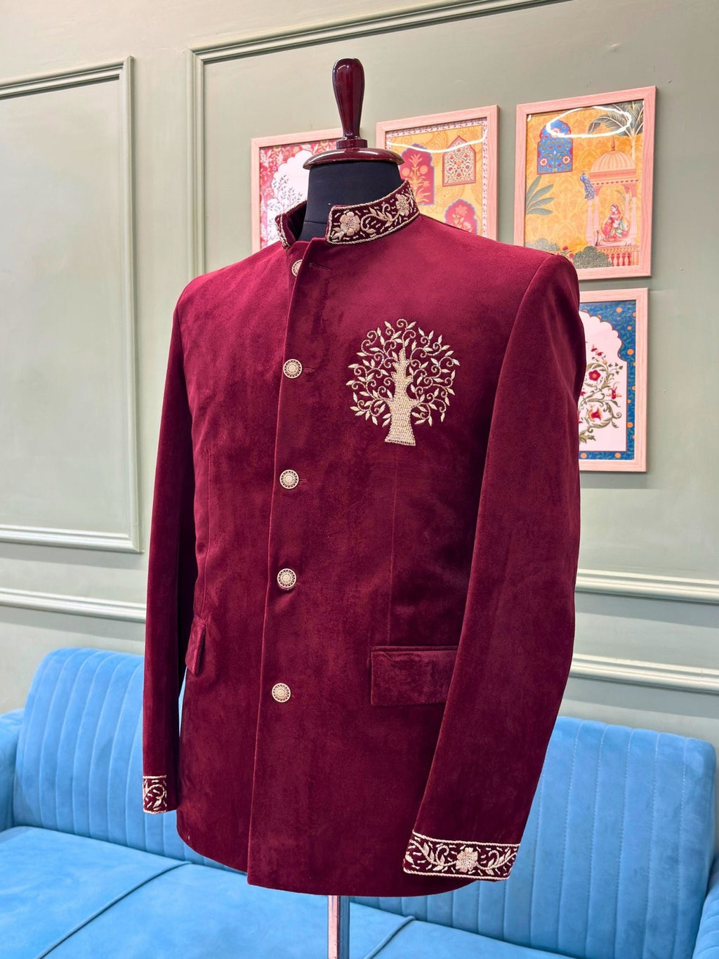Royal Burgundy Velvet Zardosi Jodhpuri Bandhgala - Jaipuri Crown