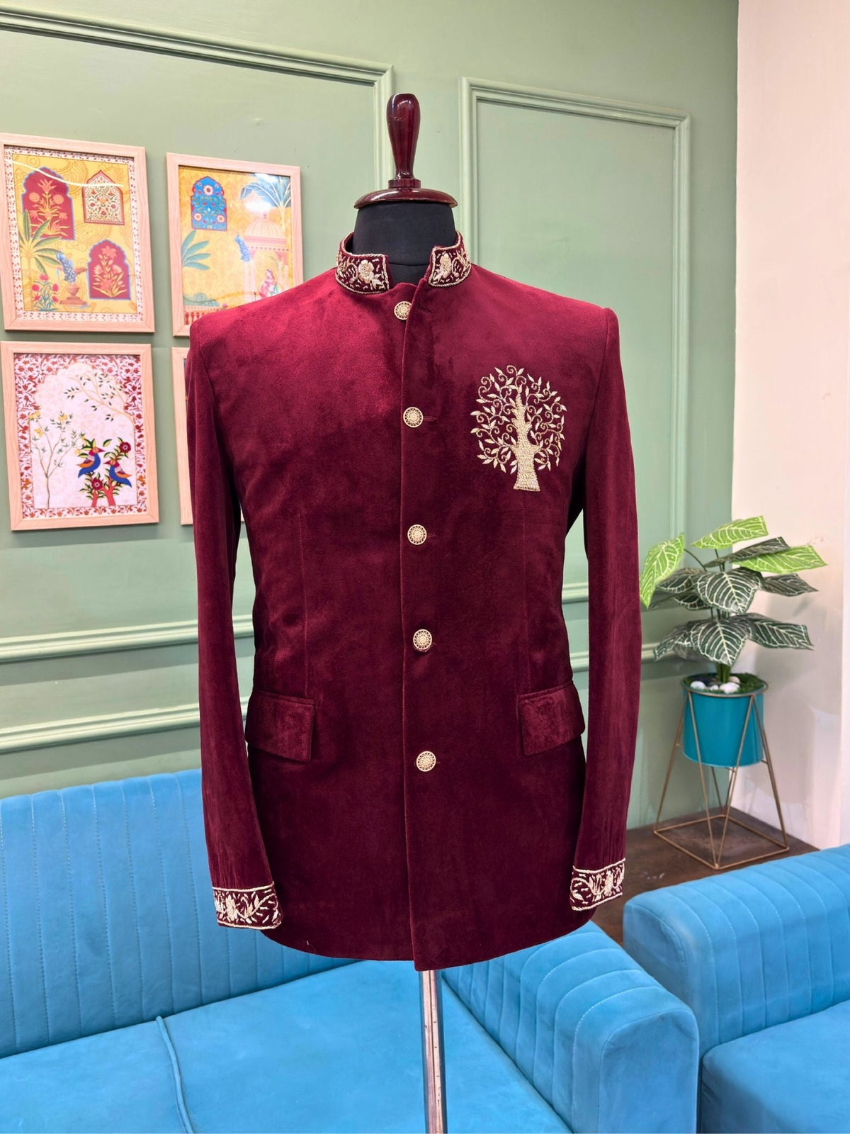 Royal Burgundy Velvet Zardosi Jodhpuri Bandhgala - Jaipuri Crown