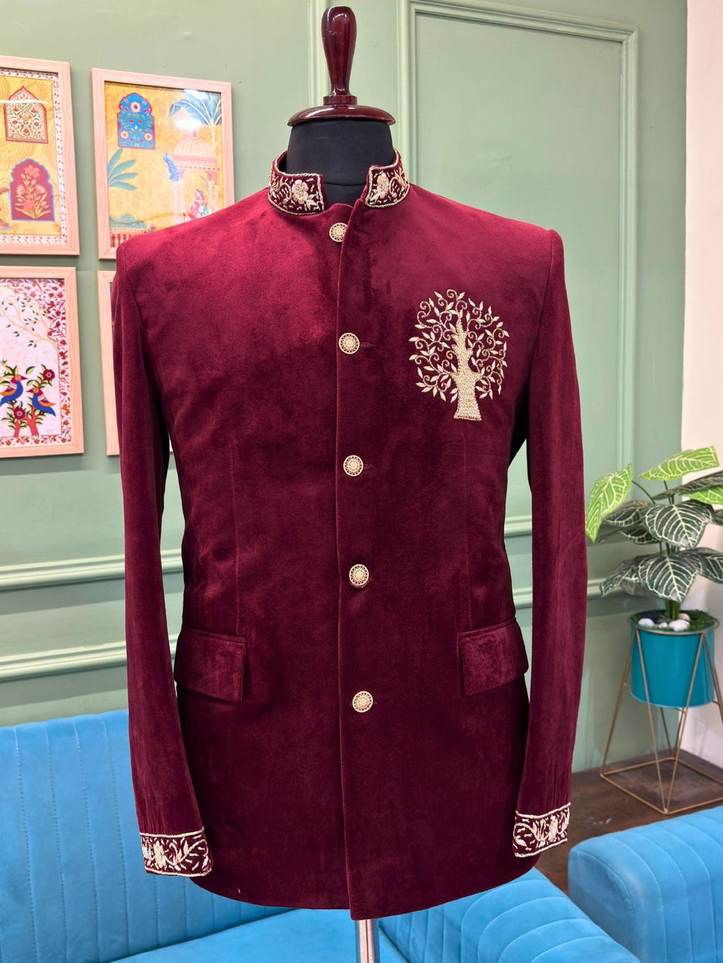Royal Burgundy Velvet Zardosi Jodhpuri Bandhgala - Jaipuri Crown