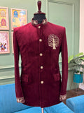 Royal Burgundy Velvet Zardosi Jodhpuri Bandhgala - Jaipuri Crown