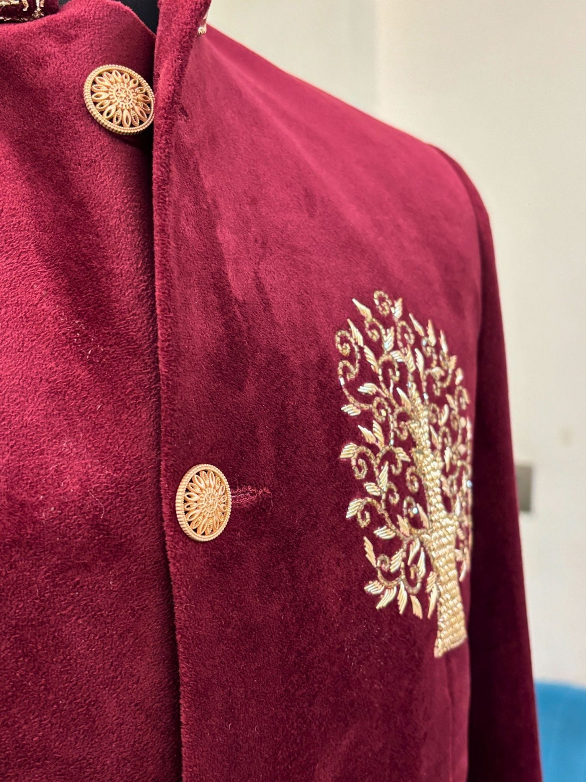 Royal Burgundy Velvet Zardosi Jodhpuri Bandhgala - Jaipuri Crown