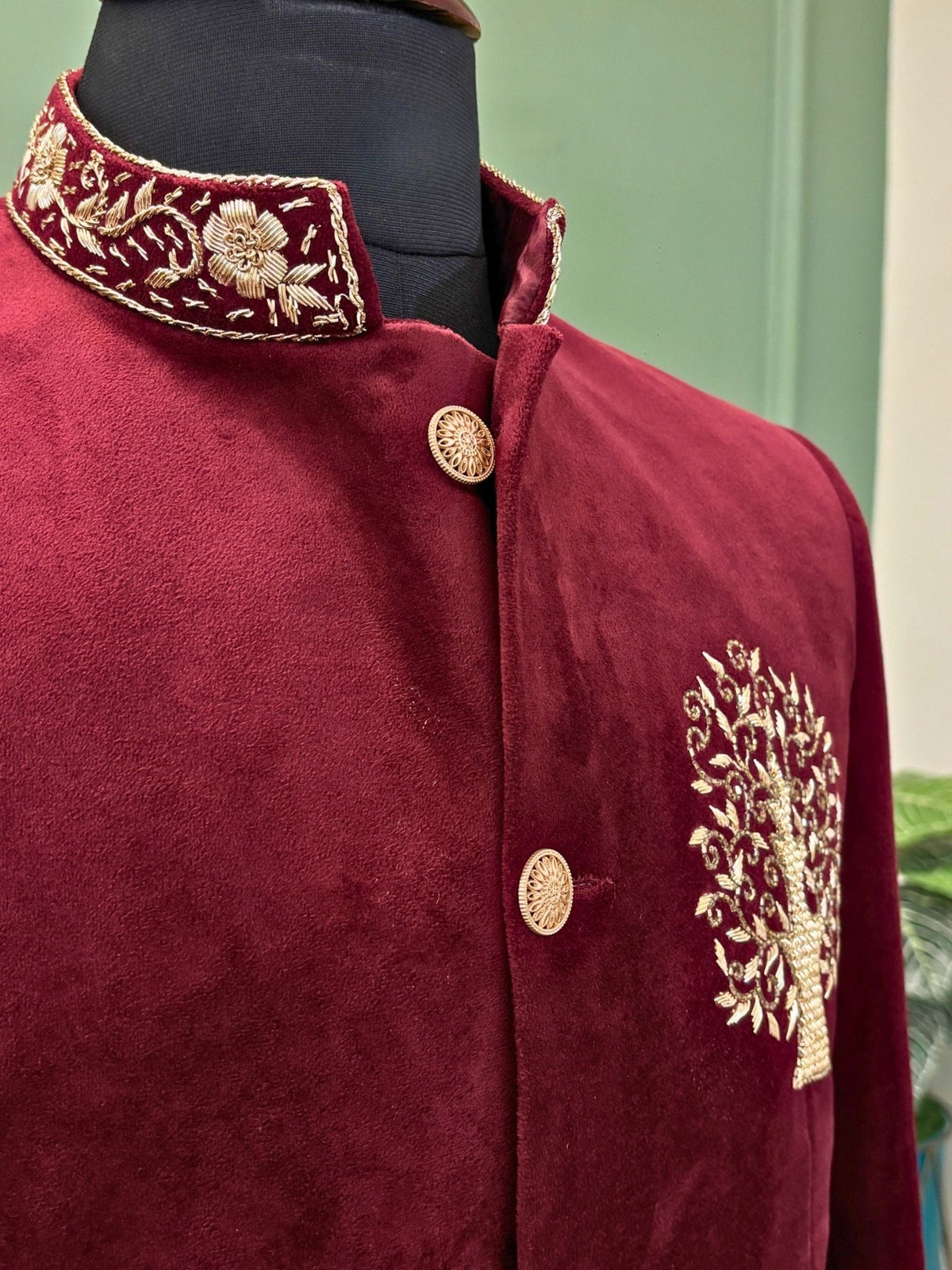 Royal Burgundy Velvet Zardosi Jodhpuri Bandhgala - Jaipuri Crown