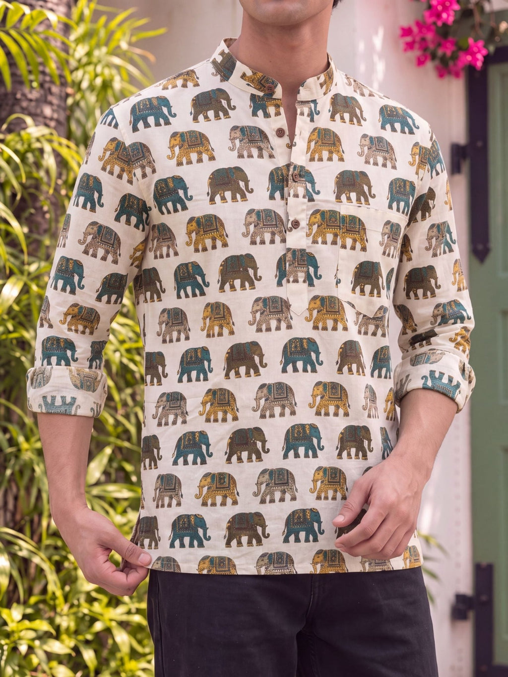 Royal Elephants – Printed Cotton Short Kurta - Jaipuri Crown