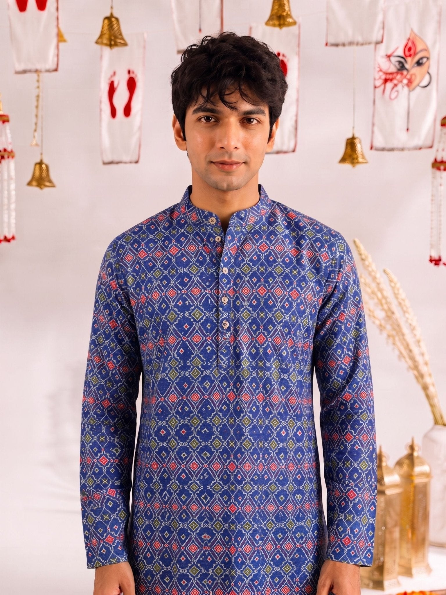 Royal Ikat – Blue Heritage Printed Long Kurta with Zari Work - Jaipuri Crown