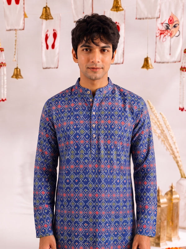 Royal Ikat – Blue Heritage Printed Long Kurta with Zari Work - Jaipuri Crown
