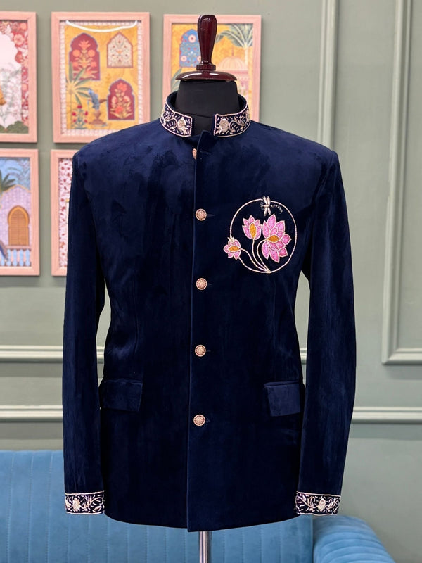 Royal Navy Blue Velvet Floral Embroidered Jodhpuri Bandhgala - Jaipuri Crown