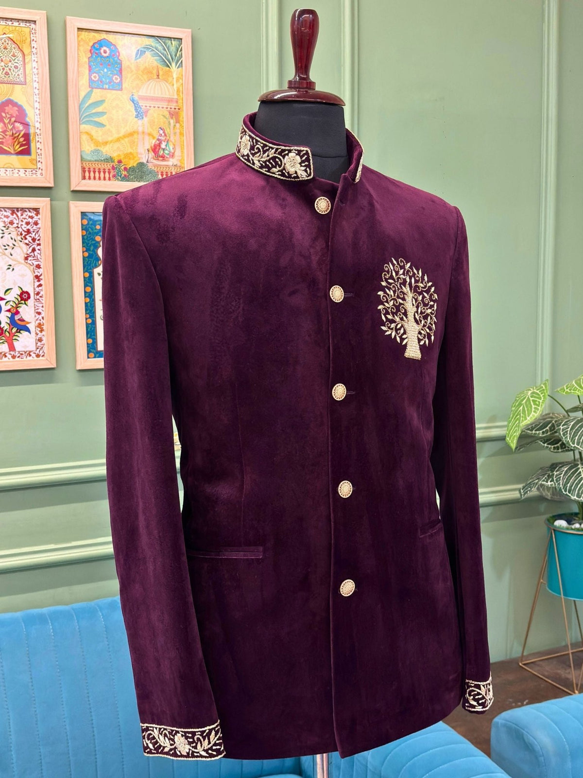 Royal Plum Velvet Zardosi Jodhpuri Bandhgala - Jaipuri Crown