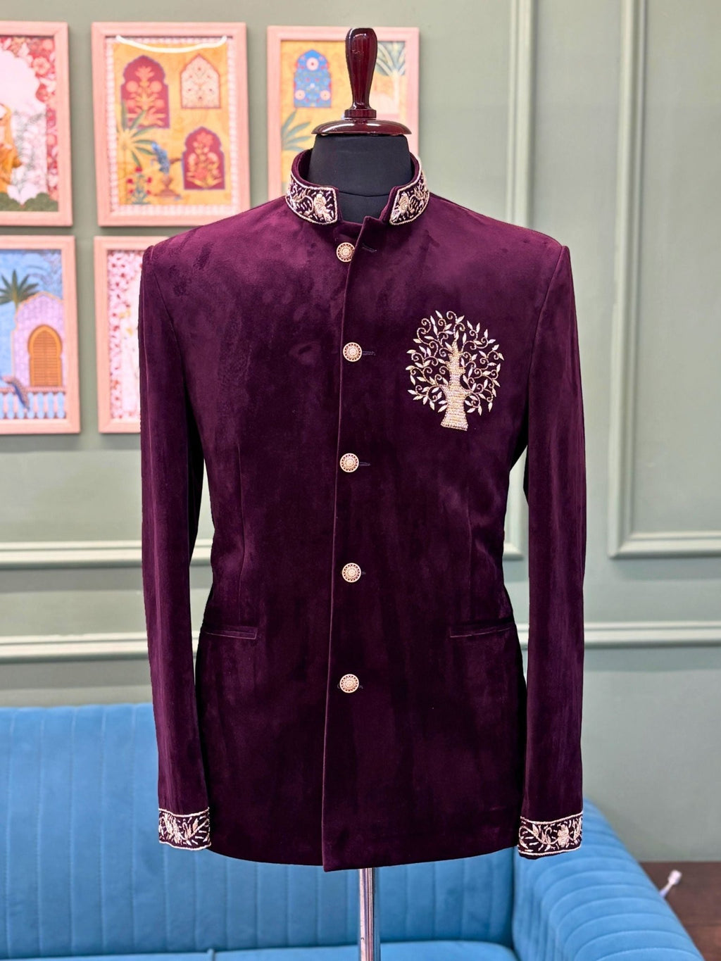 Royal Plum Velvet Zardosi Jodhpuri Bandhgala - Jaipuri Crown