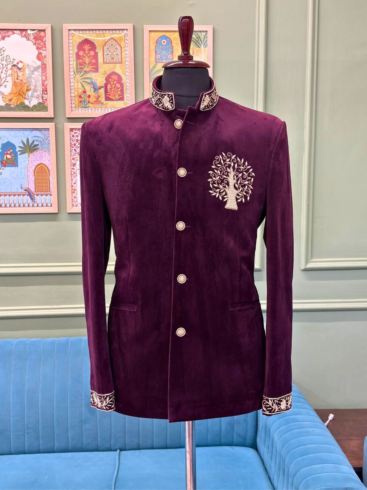 Royal Plum Velvet Zardosi Jodhpuri Bandhgala - Jaipuri Crown