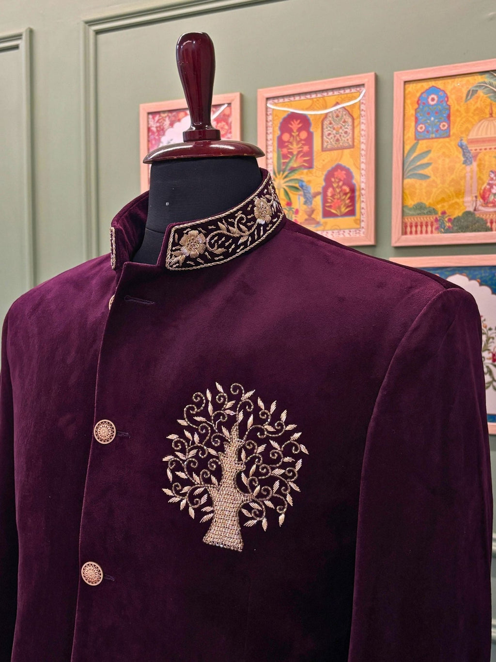 Royal Plum Velvet Zardosi Jodhpuri Bandhgala - Jaipuri Crown