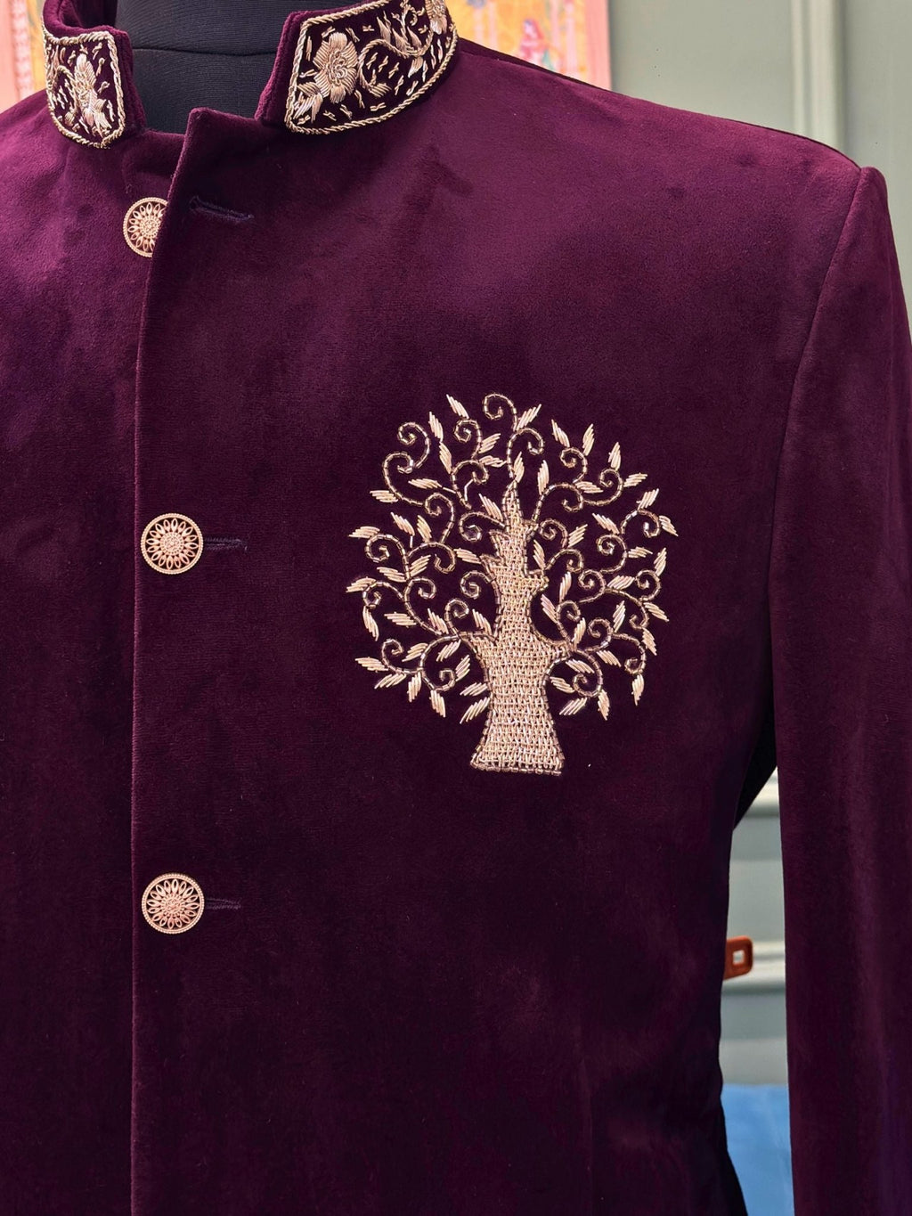 Royal Plum Velvet Zardosi Jodhpuri Bandhgala - Jaipuri Crown