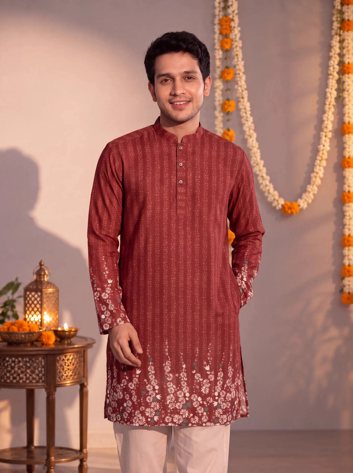 Rust Floral Jaal – Textured Plan Long Kurta - Jaipuri Crown