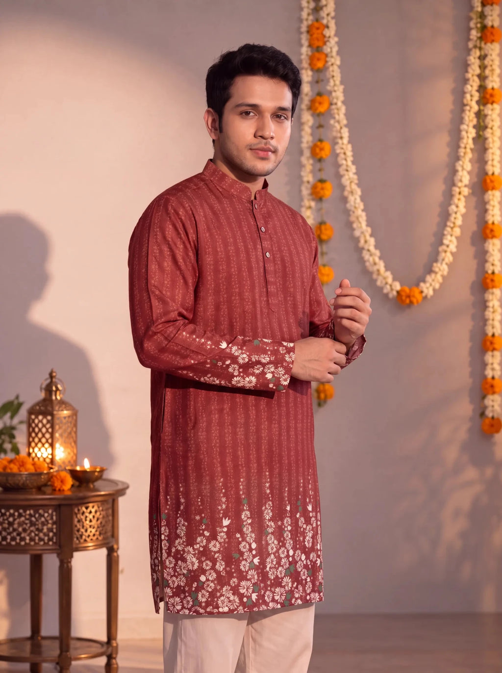 Rust Floral Jaal – Textured Plan Long Kurta - Jaipuri Crown