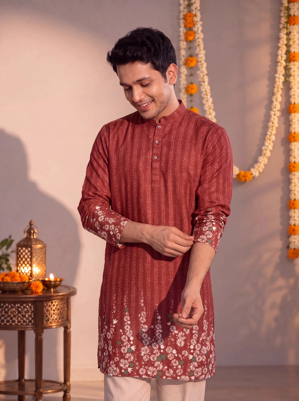 Rust Floral Jaal – Textured Plan Long Kurta - Jaipuri Crown