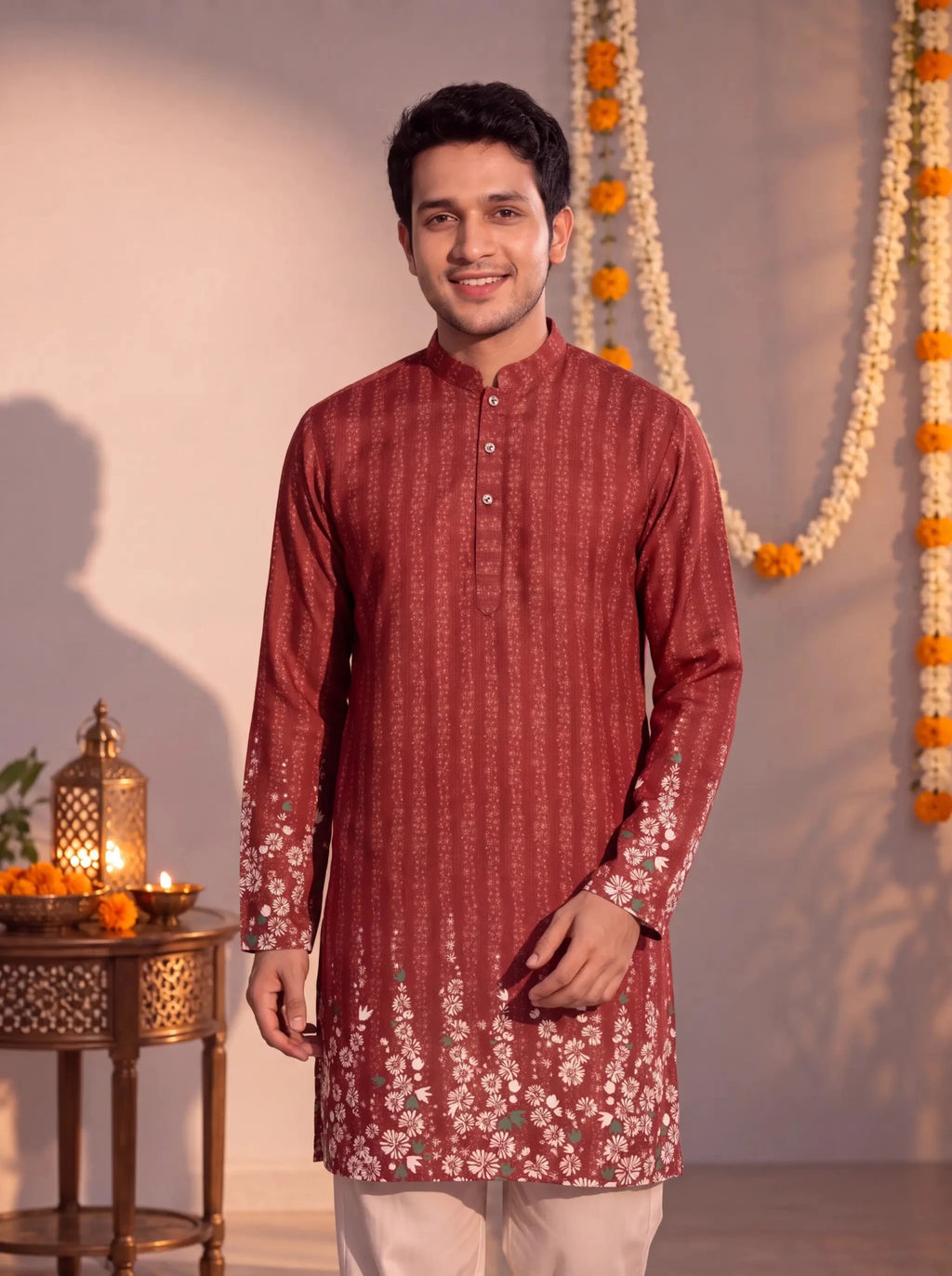 Rust Floral Jaal – Textured Plan Long Kurta - Jaipuri Crown