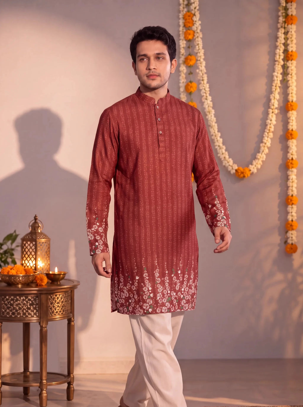 Rust Floral Jaal – Textured Plan Long Kurta - Jaipuri Crown