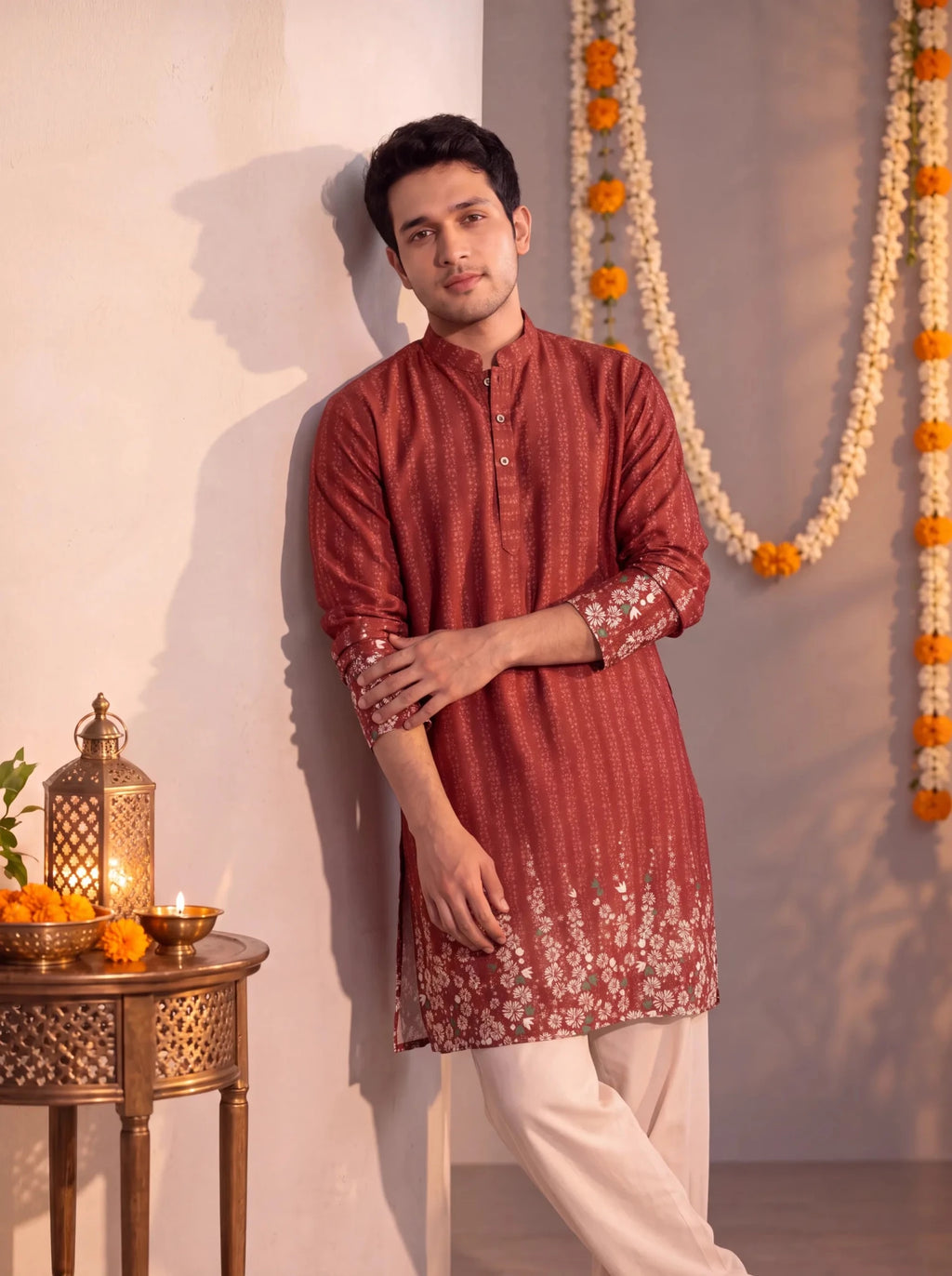 Rust Floral Jaal – Textured Plan Long Kurta - Jaipuri Crown