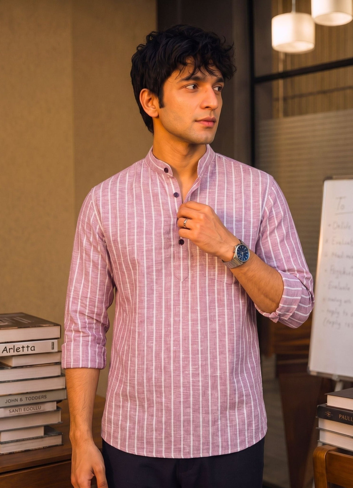 Rustic Charm – Linen Striped Short Kurta - Jaipuri Crown