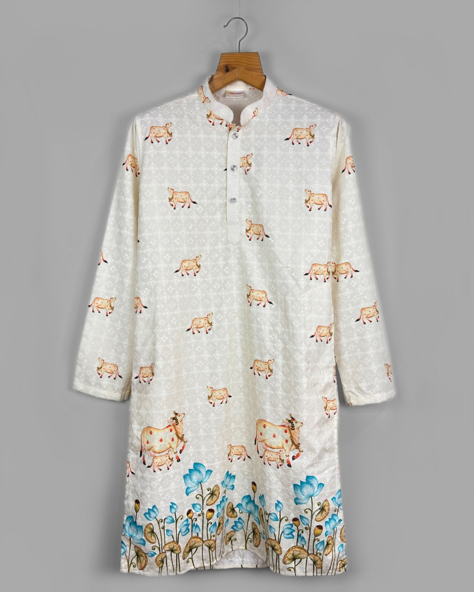 Sacred Bloom – Printed Lucknowi Kurta - Jaipuri Crown