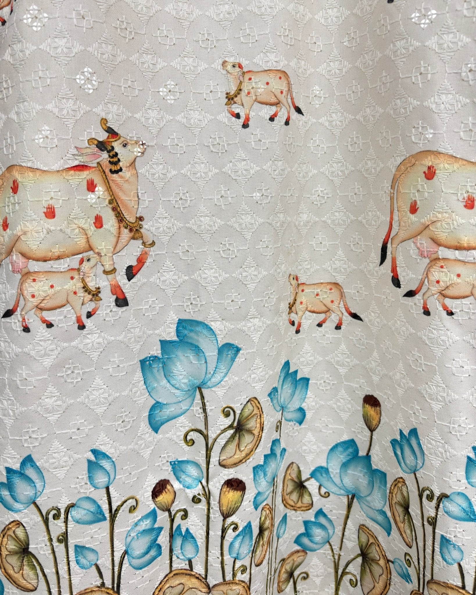 Sacred Bloom – Printed Lucknowi Kurta - Jaipuri Crown