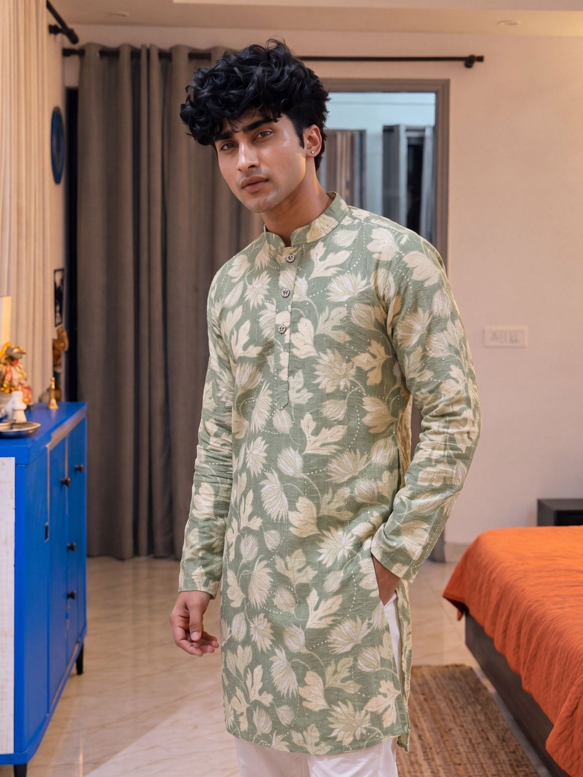 Sage Green Floral Jaal – Textured Long Kurta - Jaipuri Crown