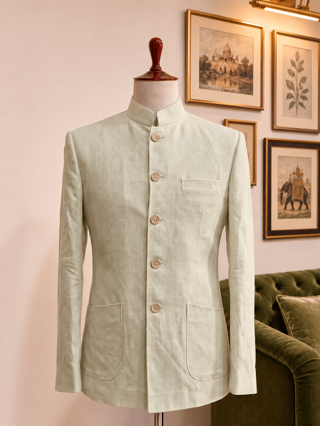Sage Green Linen Jodhpuri Bandhgala for Men - Jaipuri Crown