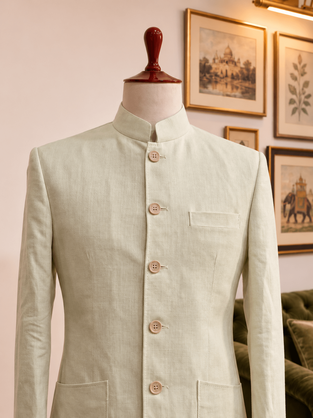 Sage Green Linen Jodhpuri Bandhgala for Men - Jaipuri Crown