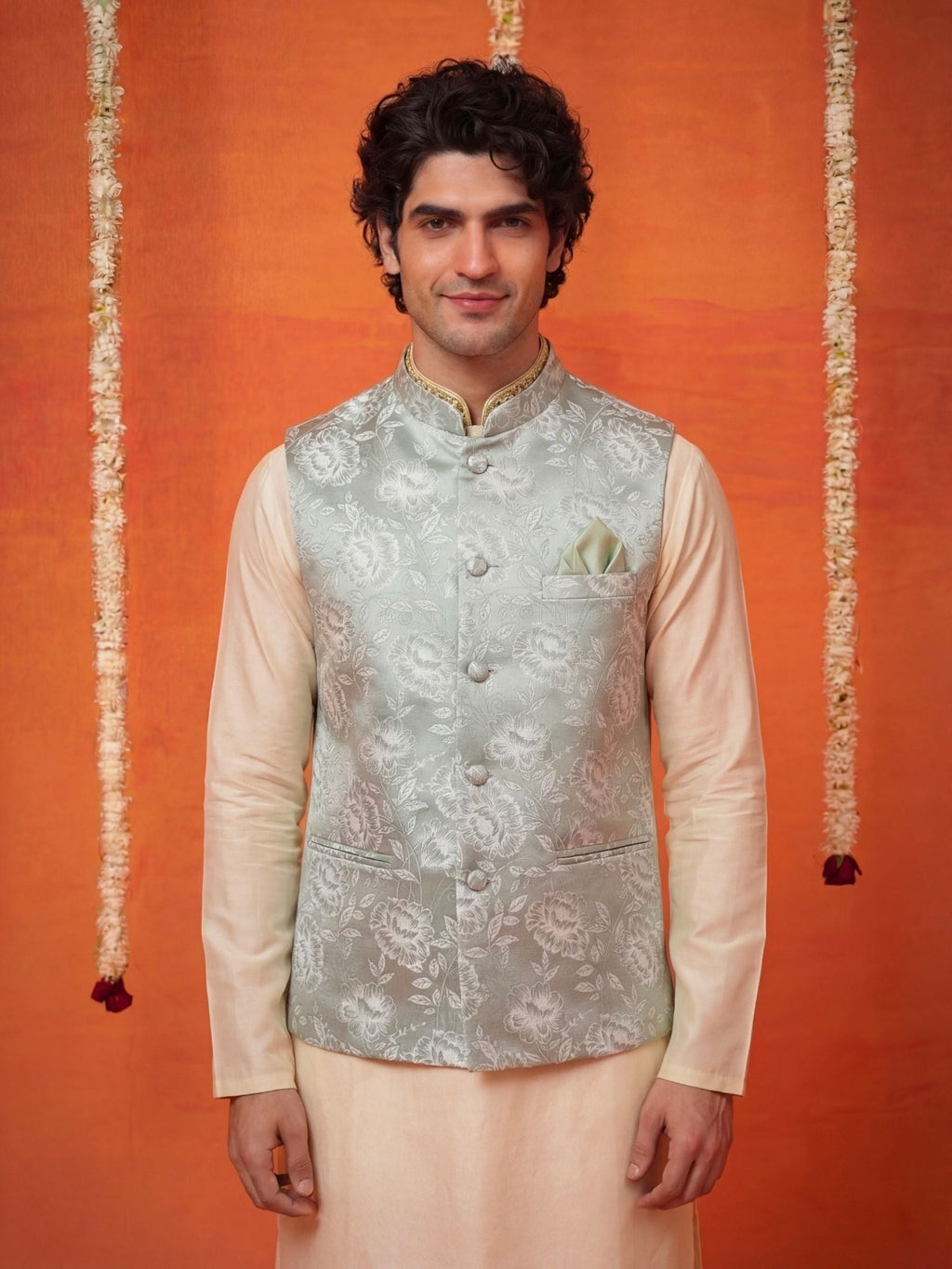 "सौम्य" (Saumya) Silver Floral Brocade Jacquard Modi Jacket - Jaipuri Crown