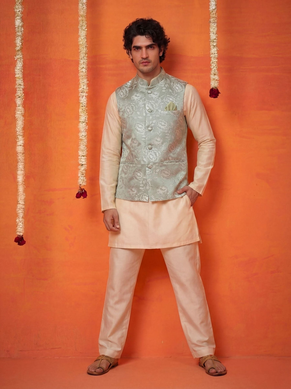 "सौम्य" (Saumya) Silver Floral Brocade Jacquard Modi Jacket - Jaipuri Crown