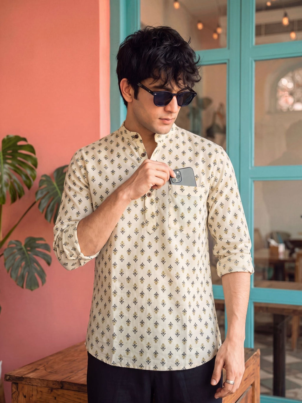 Sanganeri Charm – Men's Printed Cotton Short Kurta - Jaipuri Crown