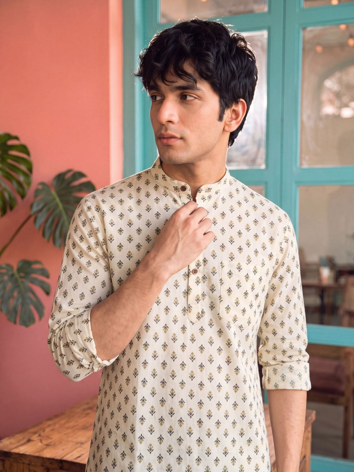 Sanganeri Charm – Men's Printed Cotton Short Kurta - Jaipuri Crown