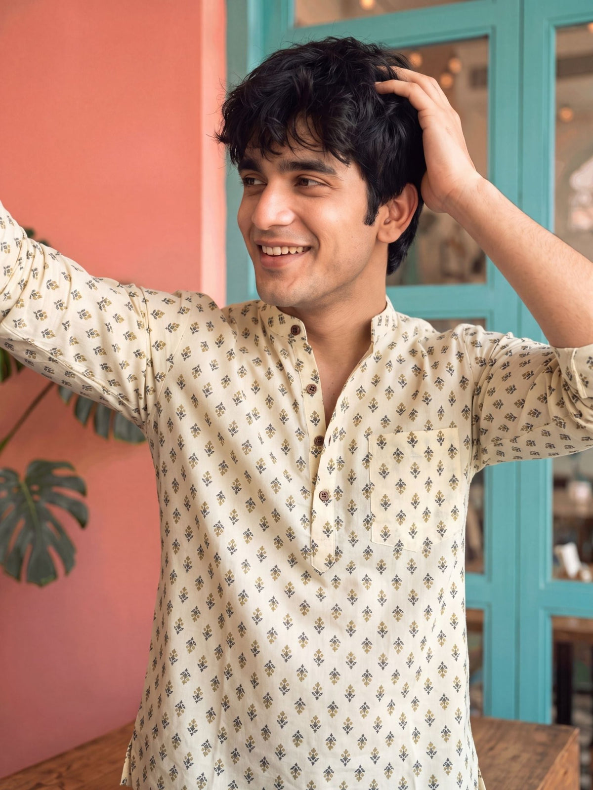 Sanganeri Charm – Men's Printed Cotton Short Kurta - Jaipuri Crown