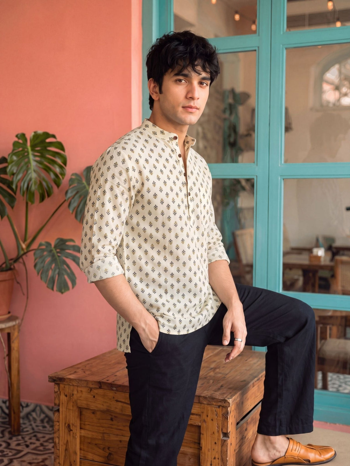 Sanganeri Charm – Men's Printed Cotton Short Kurta - Jaipuri Crown