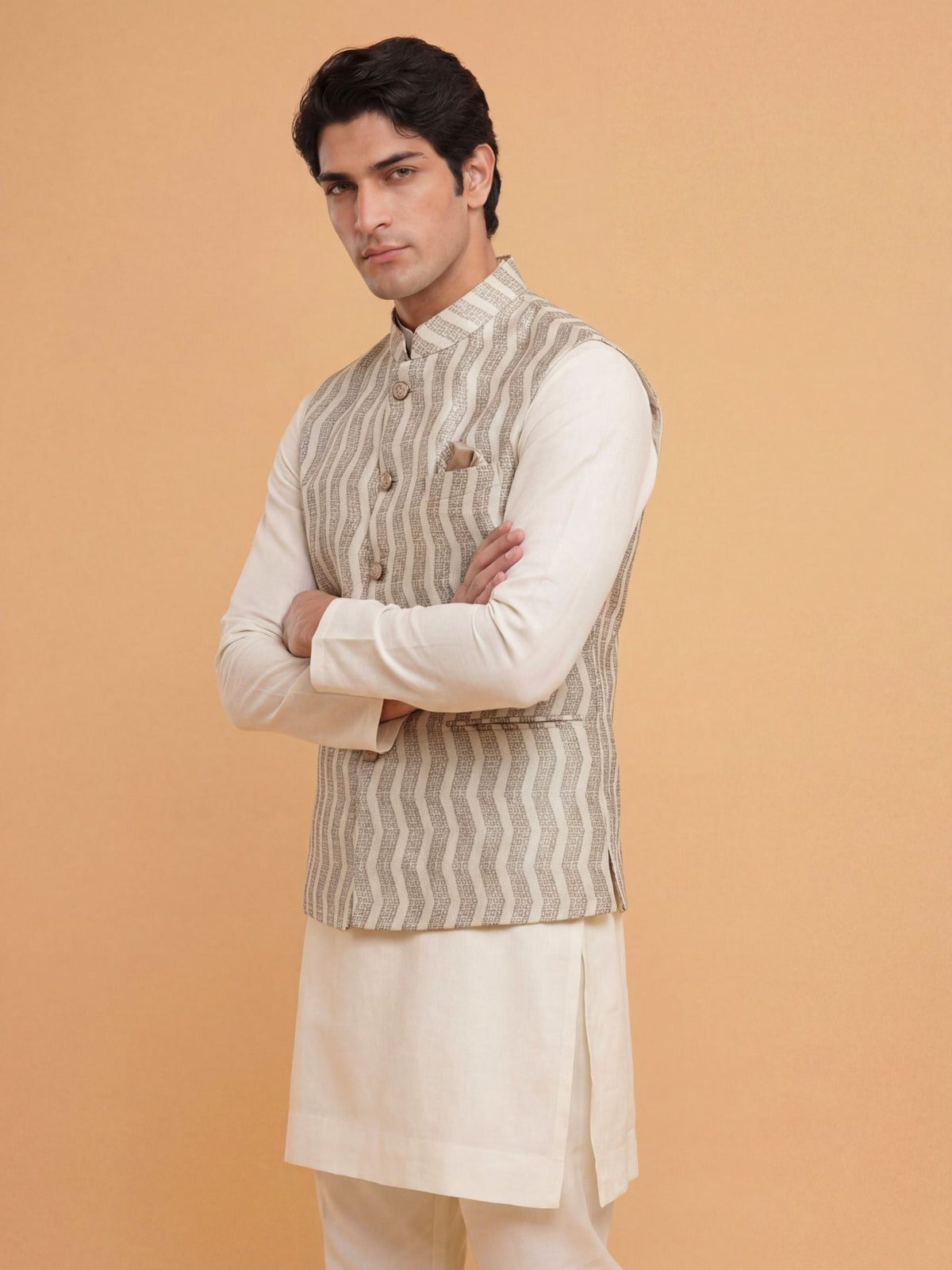 "स्पन्द" (Spand) Ivory Wave Jacquard Modi Jacket - Jaipuri Crown