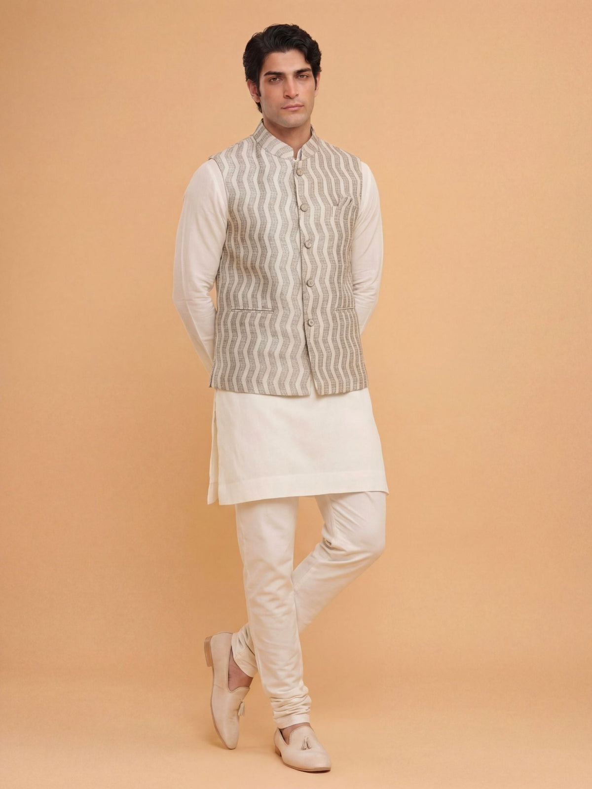 "स्पन्द" (Spand) Ivory Wave Jacquard Modi Jacket - Jaipuri Crown