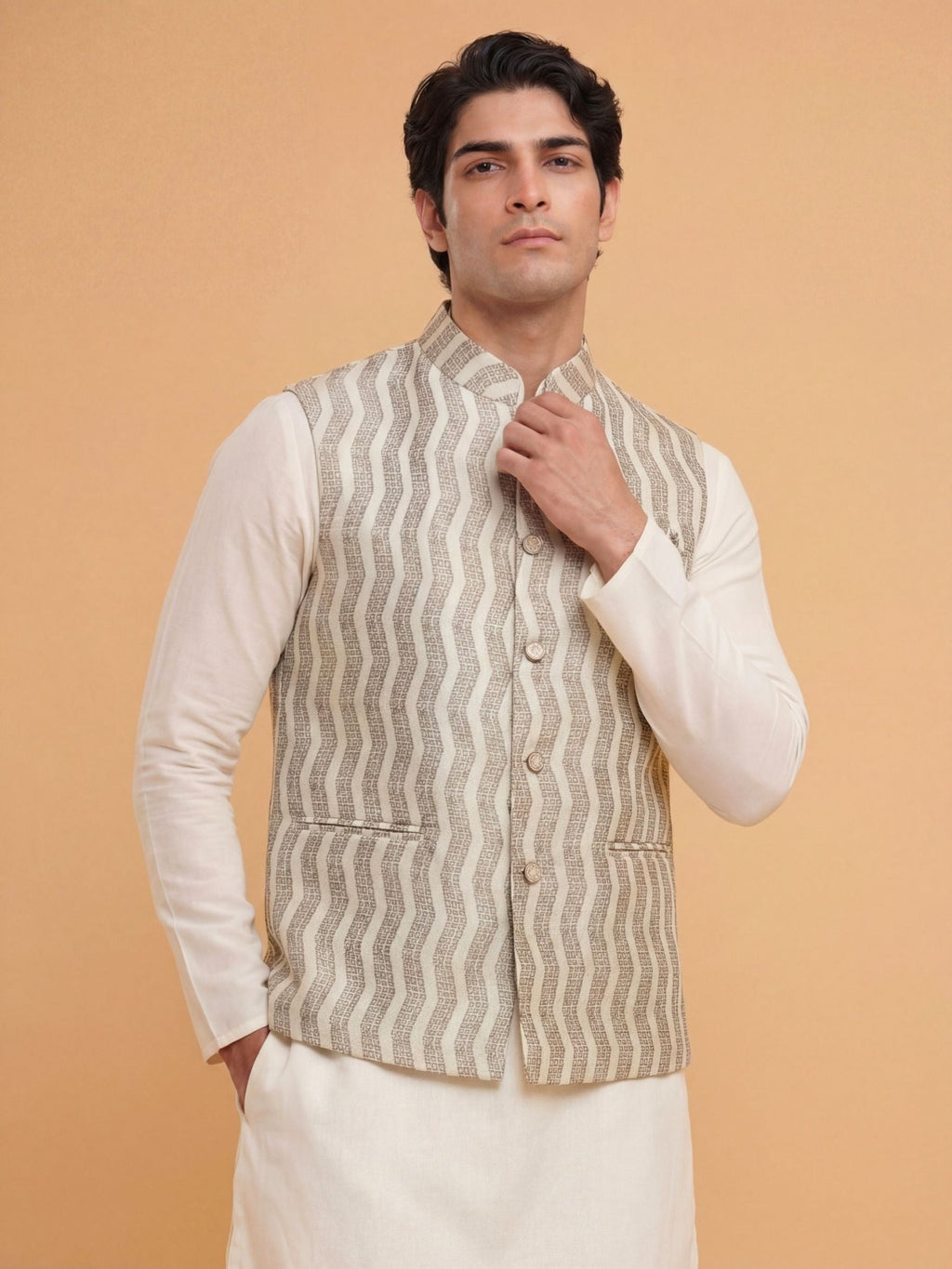 "स्पन्द" (Spand) Ivory Wave Jacquard Modi Jacket - Jaipuri Crown