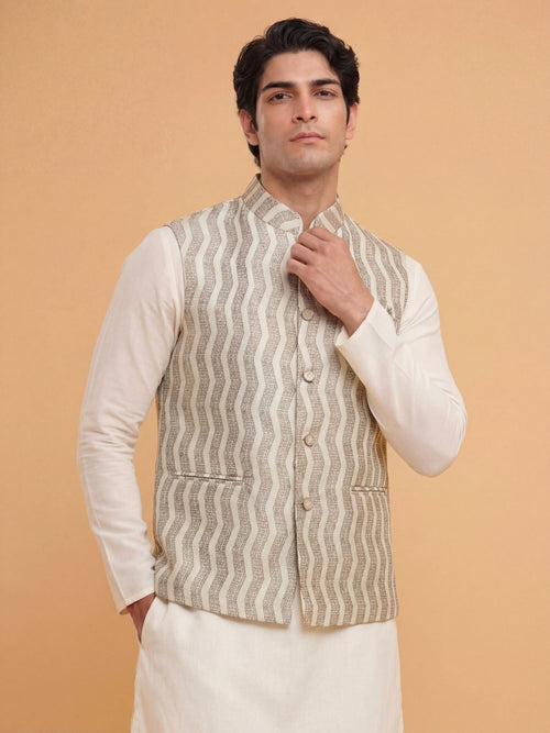 "स्पन्द" (Spand) Ivory Wave Jacquard Modi Jacket - Jaipuri Crown