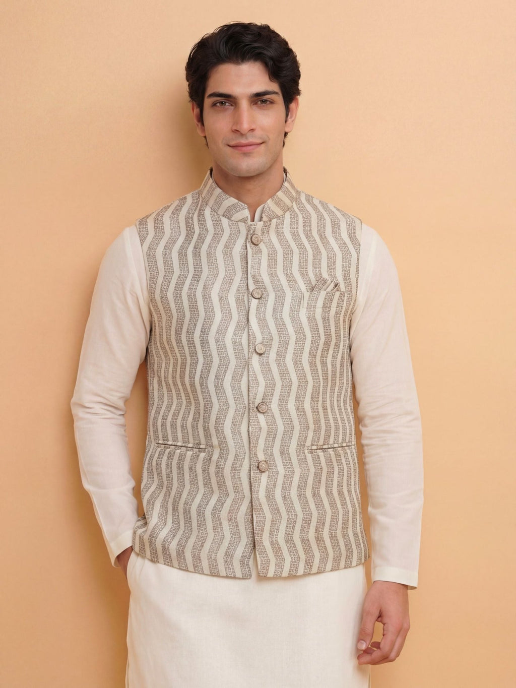 "स्पन्द" (Spand) Ivory Wave Jacquard Modi Jacket - Jaipuri Crown