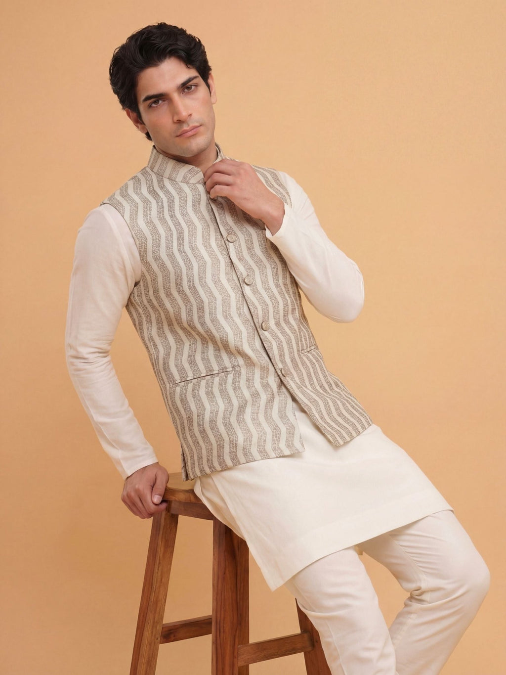"स्पन्द" (Spand) Ivory Wave Jacquard Modi Jacket - Jaipuri Crown