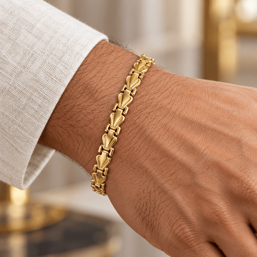 Sculpted Gold Shield-Link Bracelet - Men's Jewellery - Jaipuri Crown