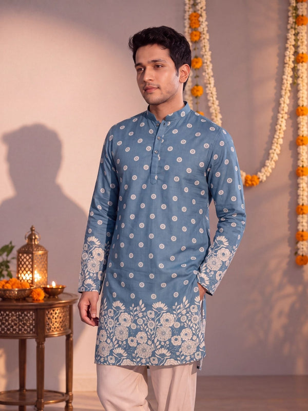 Sky Blue Floral Jaal – Daman Work Printed Long Kurta - Jaipuri Crown
