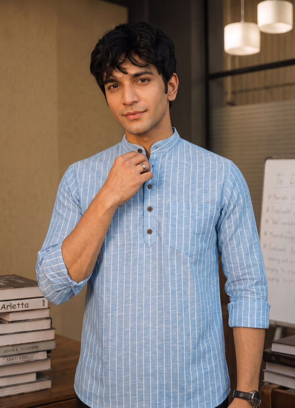 Sky Stripes – Men's Linen Short Kurta - Jaipuri Crown