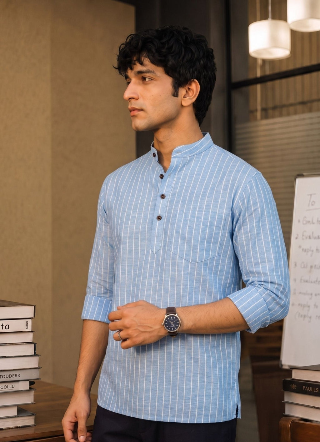 Sky Stripes – Men's Linen Short Kurta - Jaipuri Crown