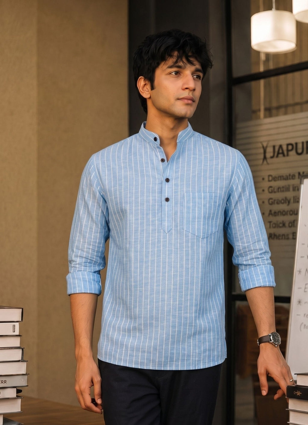 Sky Stripes – Men's Linen Short Kurta - Jaipuri Crown