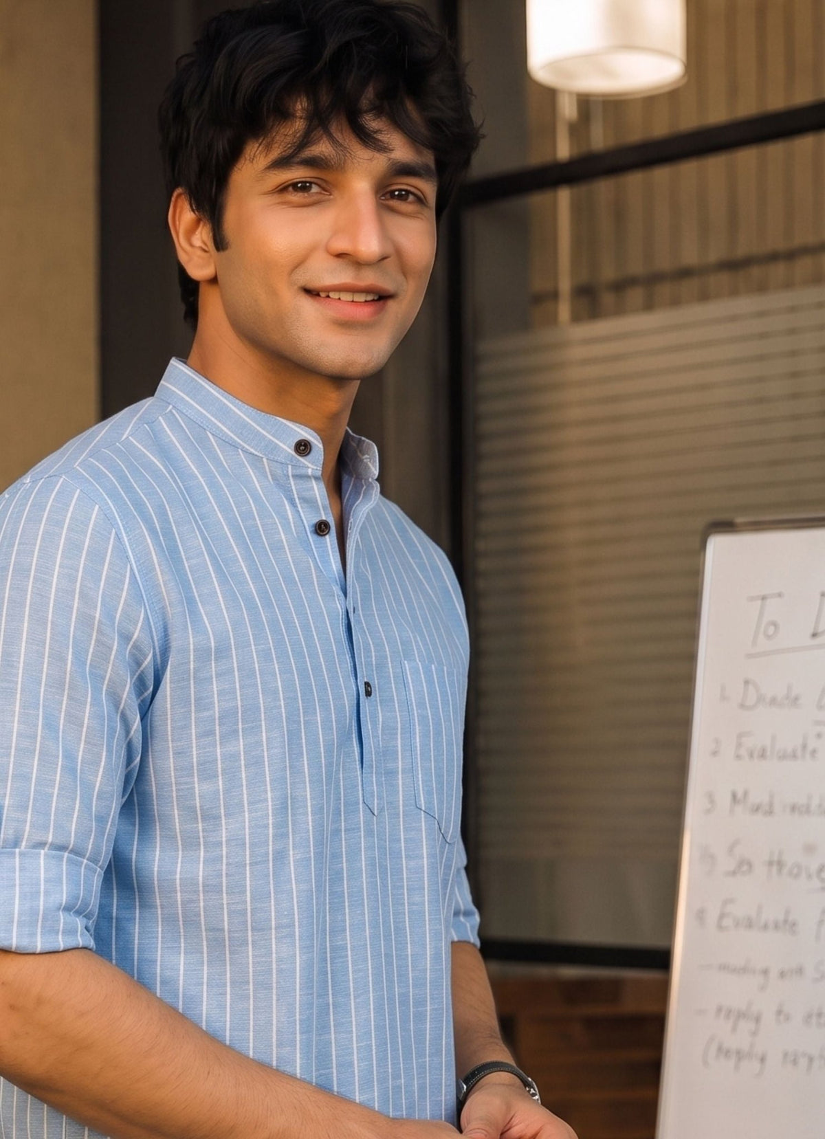 Sky Stripes – Men's Linen Short Kurta - Jaipuri Crown