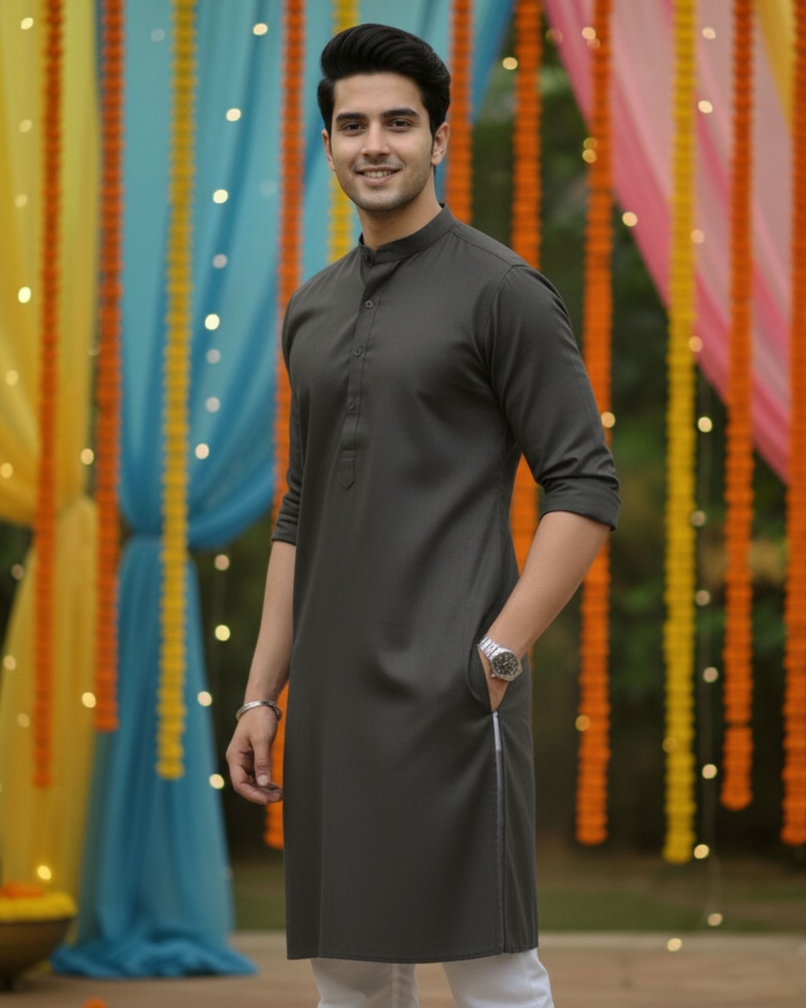 Smoky Charcoal – Solid Grey Full Sleeve Kurta - Jaipuri Crown